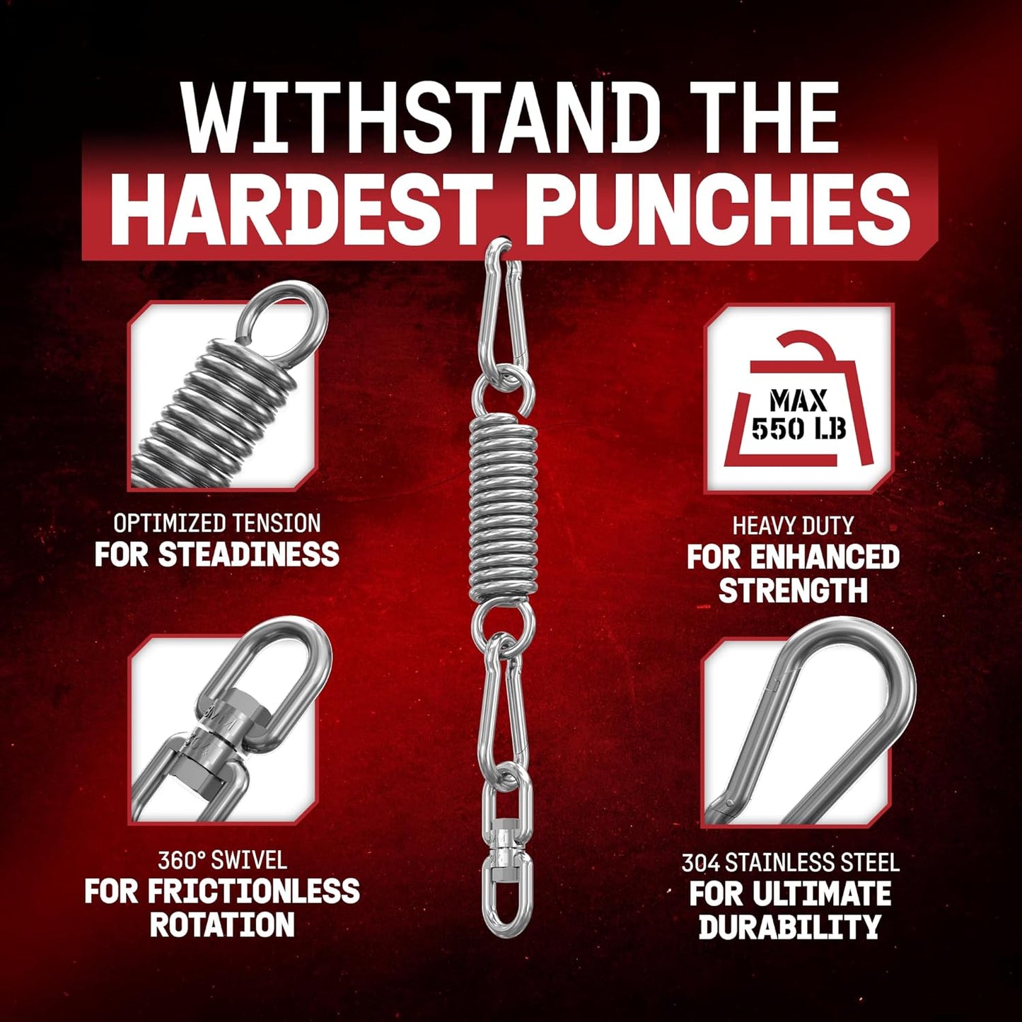 Punching Bag Hanger, Heavy Bag Spring 555 LB Capacity, Stainless Steel Hanging Kit with Spring Hook & Carabiner, Indoor & Outdoor Mounting for Boxing Bags & Recreation