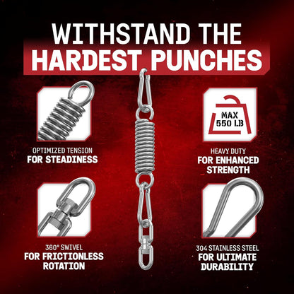 Punching Bag Hanger, Heavy Bag Spring 555 LB Capacity, Stainless Steel Hanging Kit with Spring Hook & Carabiner, Indoor & Outdoor Mounting for Boxing Bags & Recreation