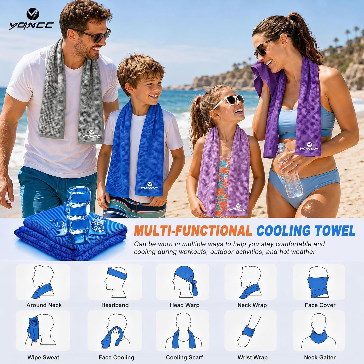 4 Pack Cooling Towels (47"X12"), Ice Cool Neck Towel, Soft Breathable Microfiber for Yoga, Golf, Gym, Running, Camping & Hot Weather