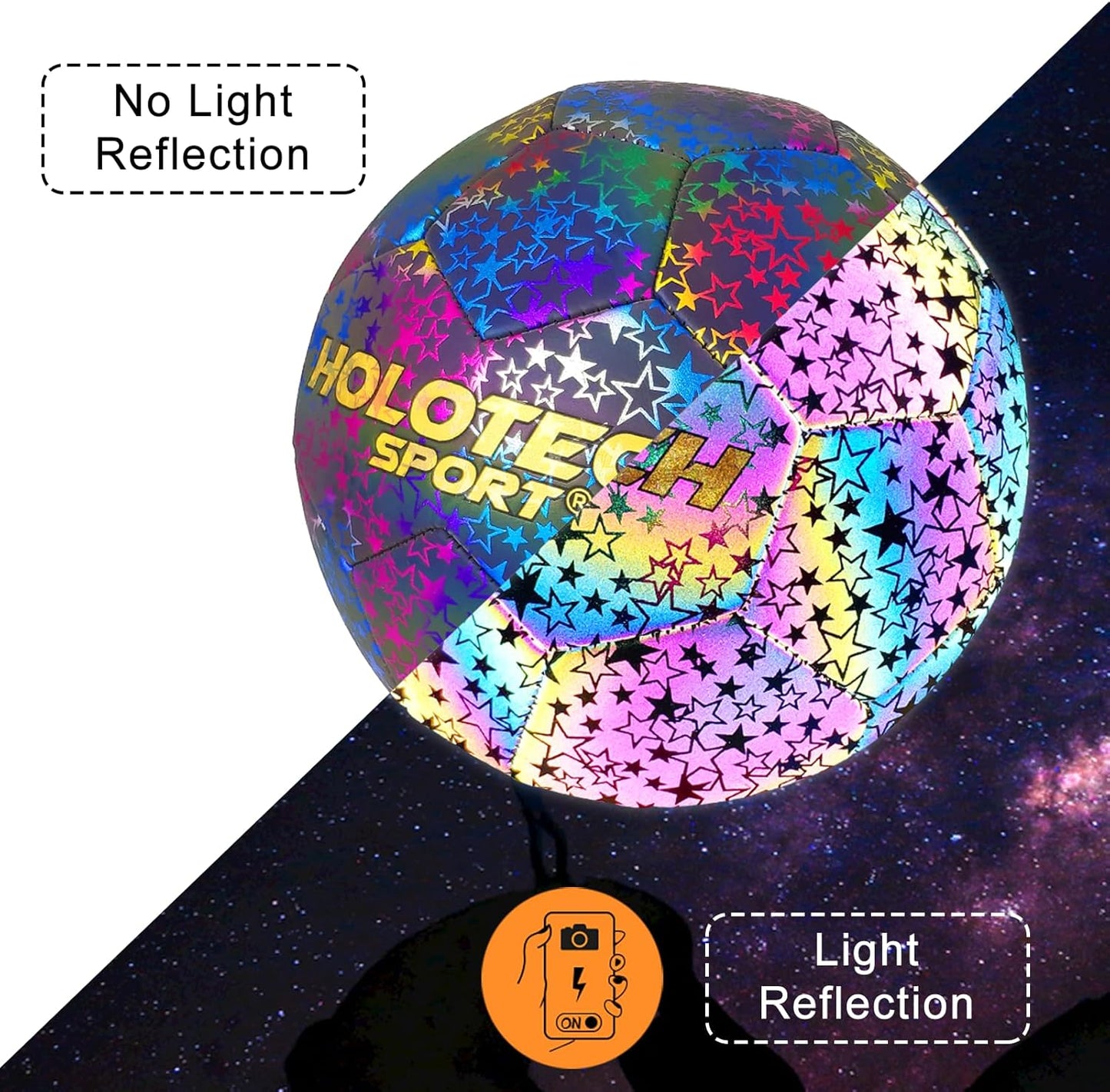 WTOPSBO Soccer Ball Size 4/5, Holographic Reflective Glowing Soccer Ball, Bright PU Leather Soccer Balls for Night Games,Training, Ideal Gifts for Soccer Fans with Pump