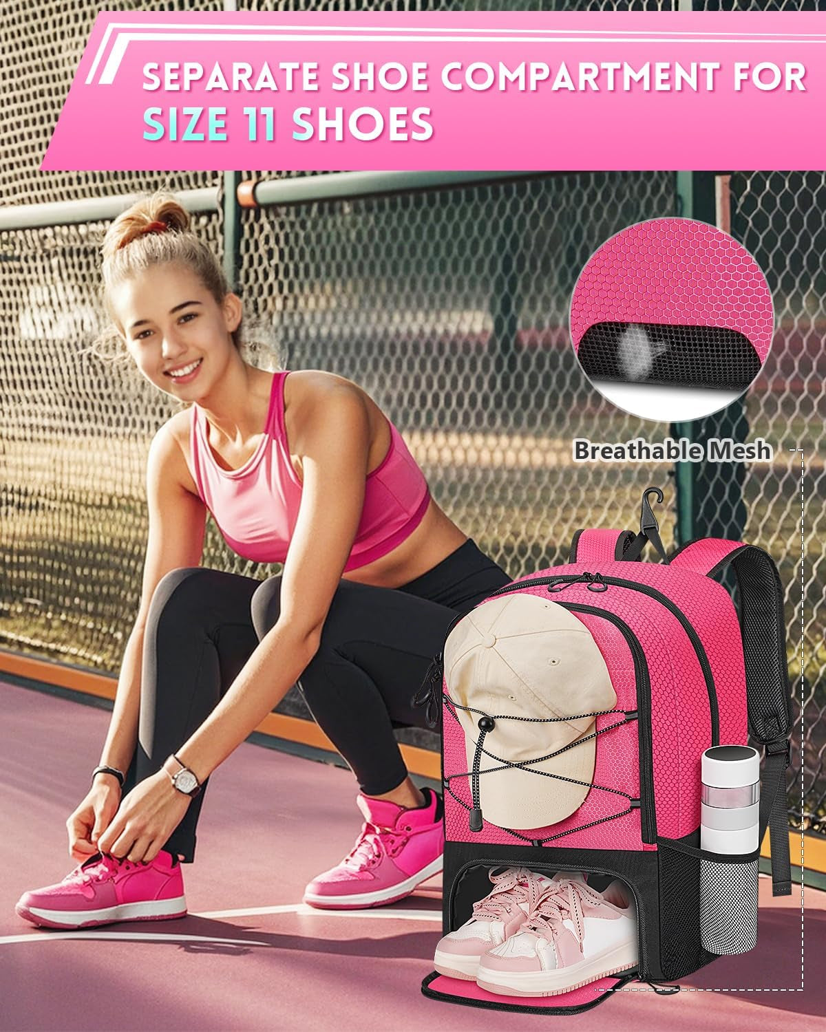Girls Soccer Backpack, Large Basketball Bag with Ball Holder & Shoe Compartment for Tournament & Game Day, Lightweight Youth Sports Bag with Fence Hook Fits 15.6 Inch Laptop, Soccer Team Gifts