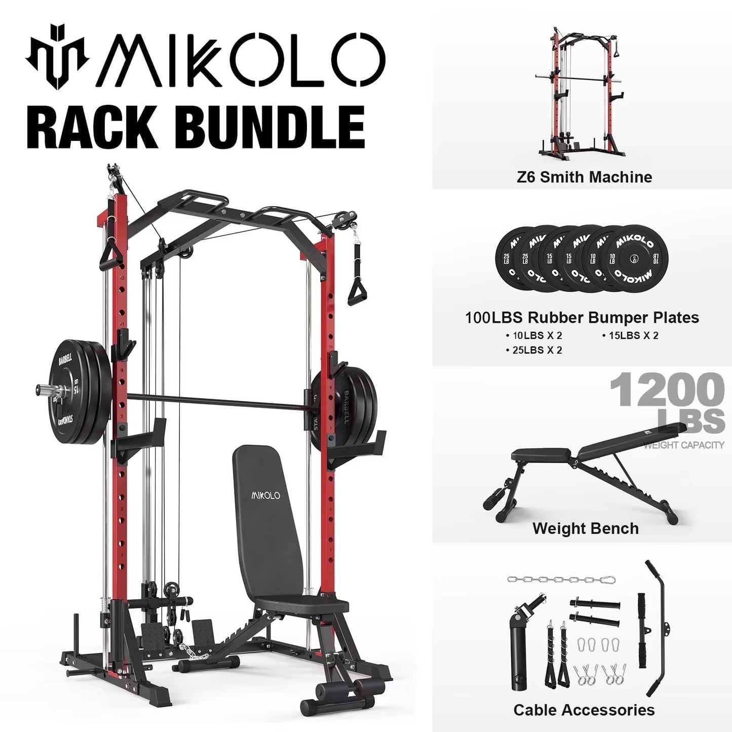 Compact 7-IN-1 Smith Machine with Cable Crossover System, 1000LBS Multi-Functional Squat Rack, Workout Station with Weight Bar, Bend Peg and Other Functional Attachments