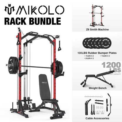 Compact 7-IN-1 Smith Machine with Cable Crossover System, 1000LBS Multi-Functional Squat Rack, Workout Station with Weight Bar, Bend Peg and Other Functional Attachments