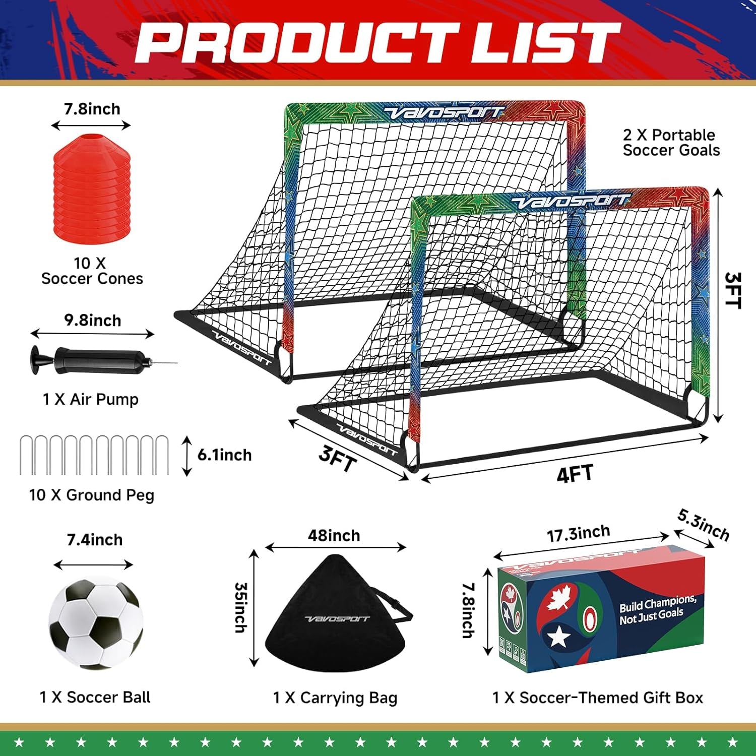 Kids Soccer Goals for Backyard Set, 2 Pack Portable Pop up Soccer Goal with Soccer Net, Size 3 Soccer Ball, Pump, 10 Cones and Bag, Toddler Soccer Training Equipment for Outdoor Games