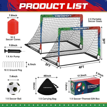 Kids Soccer Goals for Backyard Set, 2 Pack Portable Pop up Soccer Goal with Soccer Net, Size 3 Soccer Ball, Pump, 10 Cones and Bag, Toddler Soccer Training Equipment for Outdoor Games