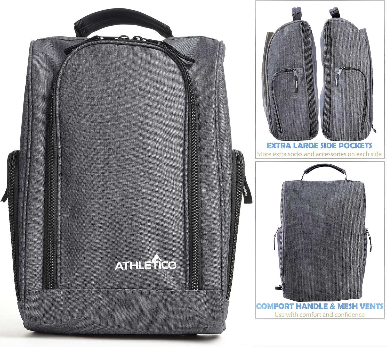 Golf Shoe Bag - Zippered Shoe Carrier Bags with Ventilation & outside Pocket for Socks, Tees, Etc. (Gray)