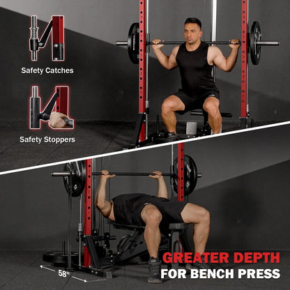 Compact 7-IN-1 Smith Machine with Cable Crossover System, 1000LBS Multi-Functional Squat Rack, Workout Station with Weight Bar, Bend Peg and Other Functional Attachments