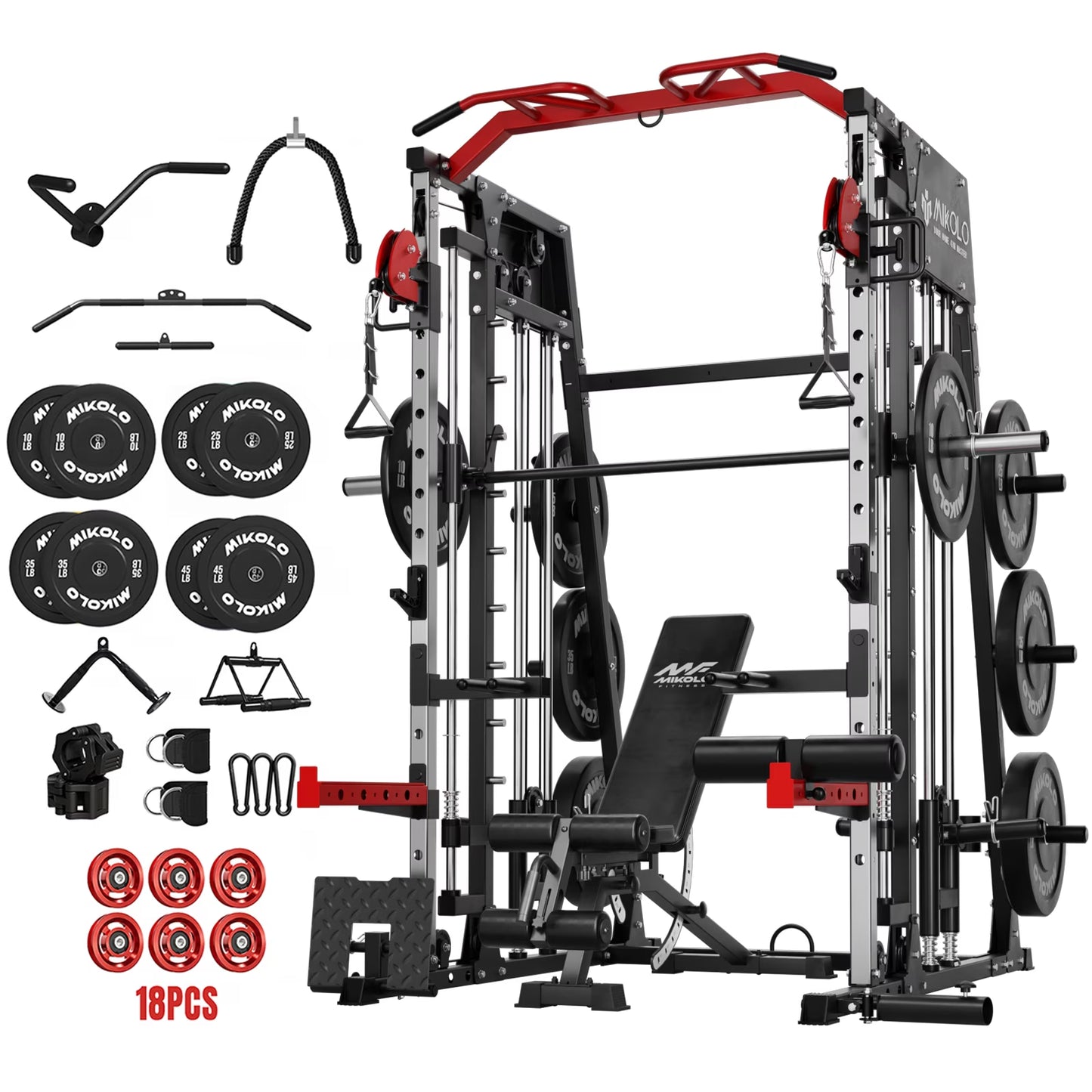Smith Machine Home Gym, 2200 Lbs Power Rack Cage with Cable Crossover, Power Rack with 1200LB Capacity Adjustable Weight Bench and 230 Lbs Weight Plate, Total Body Strength Training Equipment