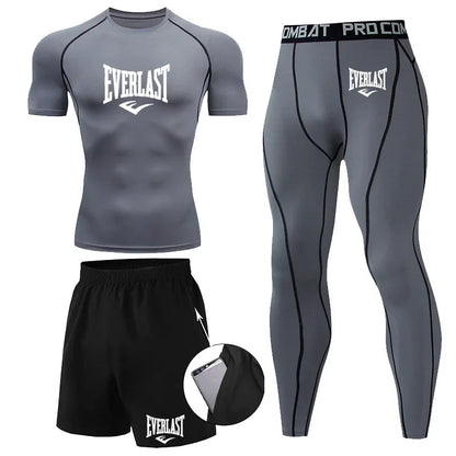 EVERLAST Men'S T-Shirt + Shorts 2Pcs Set Leisure Breath Short Sleeve Sport Jogging Gym Brand Print Clothing