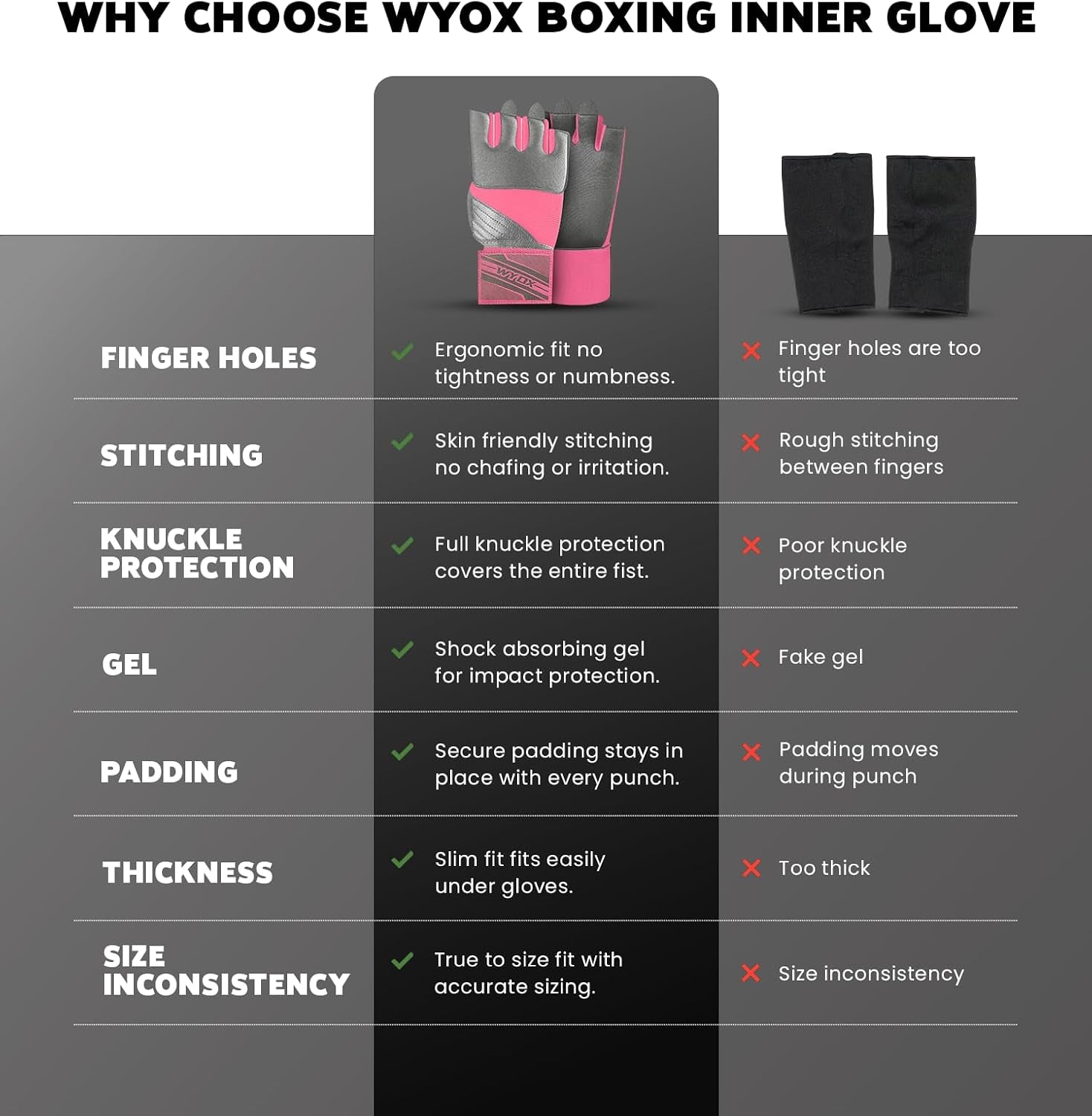 Neoprene Gel Boxing Hand Wraps Inner Gloves for Men & Women – 80Cm/31In Quick Wrist Strap, Padded Knuckle Protection, Fingerless MMA Muay Thai Kickboxing Wraps for Training & Martial Arts