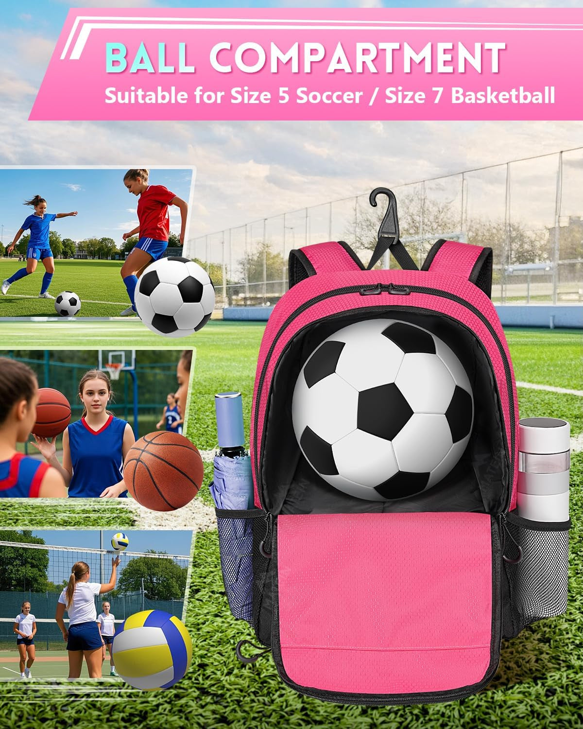 Girls Soccer Backpack, Large Basketball Bag with Ball Holder & Shoe Compartment for Tournament & Game Day, Lightweight Youth Sports Bag with Fence Hook Fits 15.6 Inch Laptop, Soccer Team Gifts
