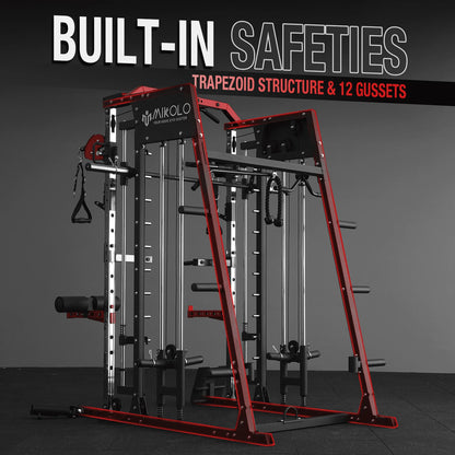 Smith Machine Home Gym, 2200 Lbs Power Rack Cage with Cable Crossover, Power Rack with 1200LB Capacity Adjustable Weight Bench and 230 Lbs Weight Plate, Total Body Strength Training Equipment