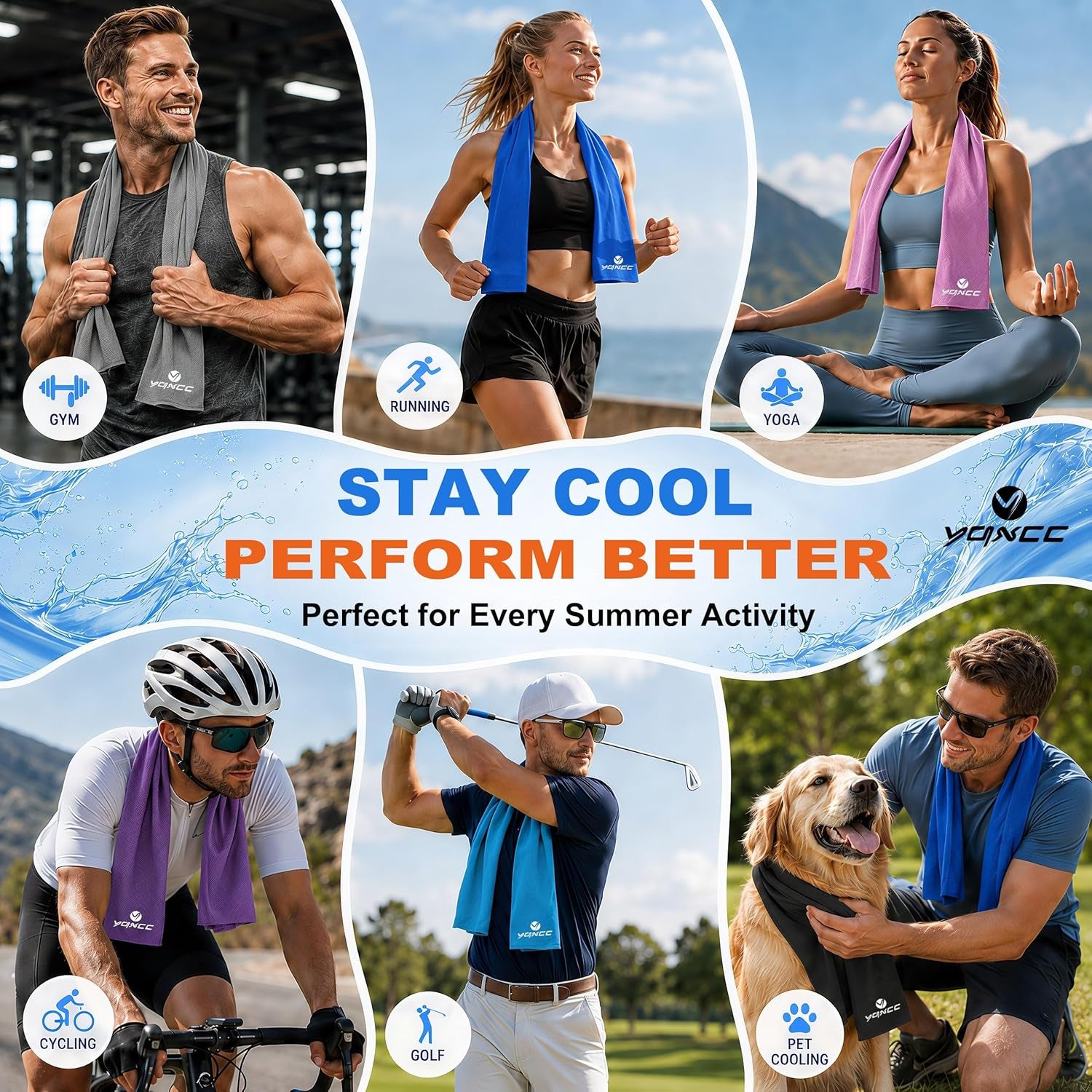 4 Pack Cooling Towels (47"X12"), Ice Cool Neck Towel, Soft Breathable Microfiber for Yoga, Golf, Gym, Running, Camping & Hot Weather