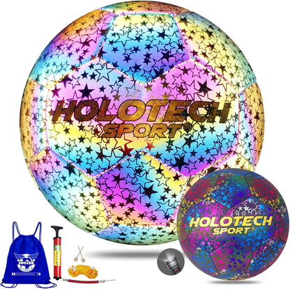 WTOPSBO Soccer Ball Size 4/5, Holographic Reflective Glowing Soccer Ball, Bright PU Leather Soccer Balls for Night Games,Training, Ideal Gifts for Soccer Fans with Pump