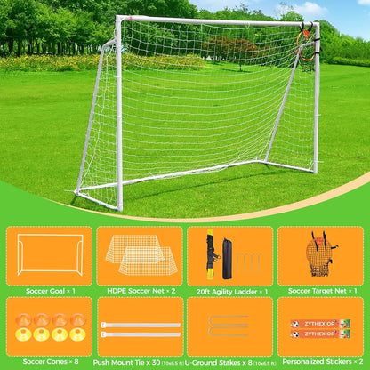 Soccer Goal 12X6,10X6.5, 8X6, 6X4Ft Soccer Goals for Backyard Metal Soccer Goals for Kids Youth Adults Large Outdoor 2" Steel Soccer Goal Post Frame with Soccer Net Target Net Portable Agility Ladder