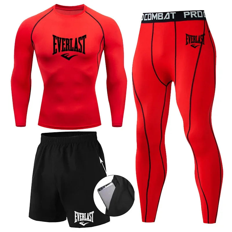 EVERLAST Men'S T-Shirt + Shorts 2Pcs Set Leisure Breath Short Sleeve Sport Jogging Gym Brand Print Clothing