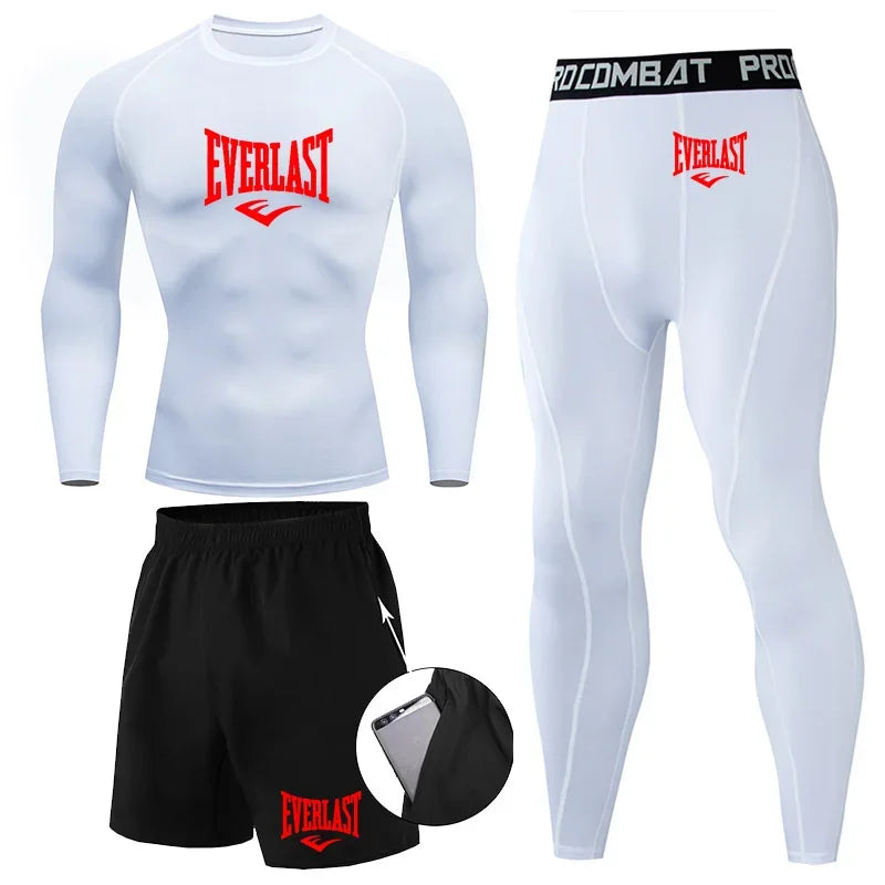 EVERLAST Men'S T-Shirt + Shorts 2Pcs Set Leisure Breath Short Sleeve Sport Jogging Gym Brand Print Clothing