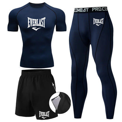 EVERLAST Men'S T-Shirt + Shorts 2Pcs Set Leisure Breath Short Sleeve Sport Jogging Gym Brand Print Clothing