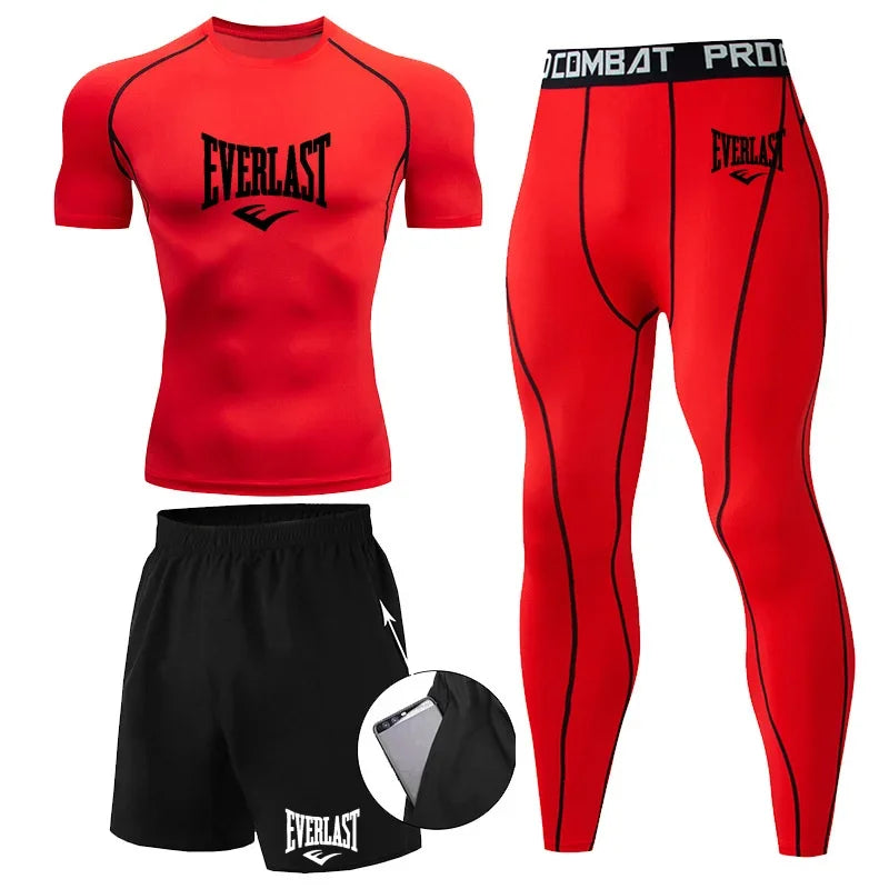 EVERLAST Men'S T-Shirt + Shorts 2Pcs Set Leisure Breath Short Sleeve Sport Jogging Gym Brand Print Clothing