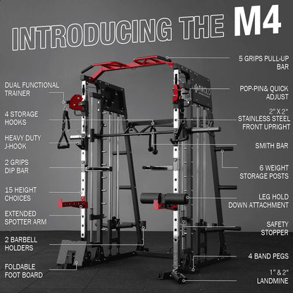Smith Machine Home Gym, 2200 Lbs Power Rack Cage with Cable Crossover, Power Rack with 1200LB Capacity Adjustable Weight Bench and 230 Lbs Weight Plate, Total Body Strength Training Equipment