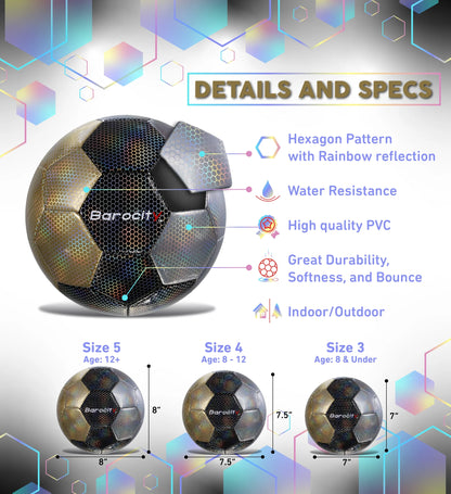 Barocity Mix Silver, Black, Gold Soccer Ball- Premium Size 3 with Reflective Iridescent Rainbow Hex Pattern, Boys and Girls, Kids for Indoor and Outdoor Playtime