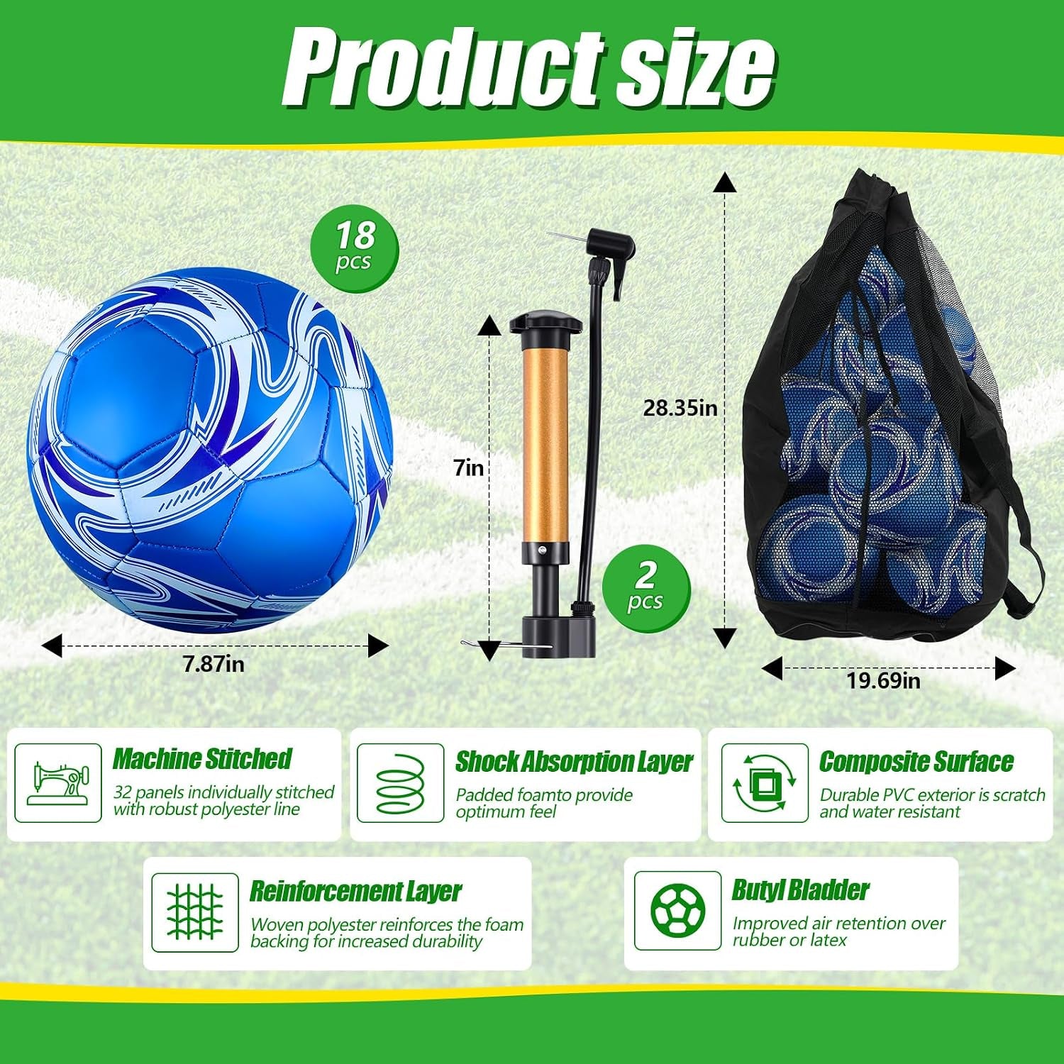 18 Pack Soccer Balls Bulk with Pump & Bag, Training Soccer Ball Official Size Deflated Football for Youth Training Outdoor outside School PE Team Coaches Practice Equipment