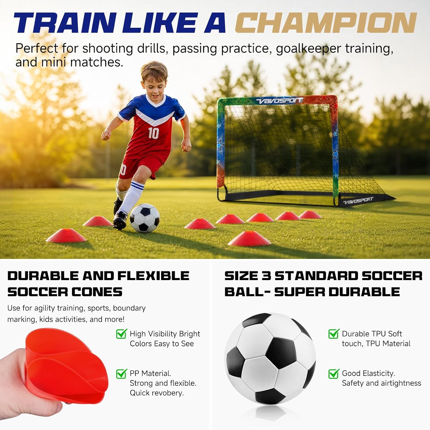 Kids Soccer Goals for Backyard Set, 2 Pack Portable Pop up Soccer Goal with Soccer Net, Size 3 Soccer Ball, Pump, 10 Cones and Bag, Toddler Soccer Training Equipment for Outdoor Games