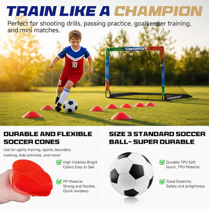 Kids Soccer Goals for Backyard Set, 2 Pack Portable Pop up Soccer Goal with Soccer Net, Size 3 Soccer Ball, Pump, 10 Cones and Bag, Toddler Soccer Training Equipment for Outdoor Games